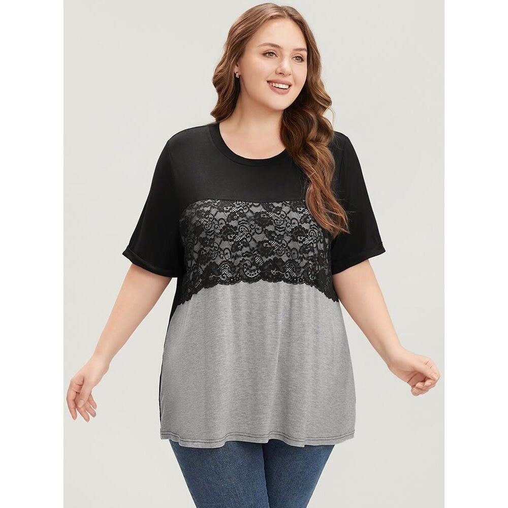 Plus Size Lace-Accent Colorblock Top - Black & Gray